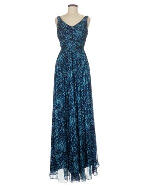J. Crew Blue Printed V-Neck Sleeveless Maxi Gown